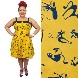 Eva Rose Cat Print Sweetheart Dress in Mustard